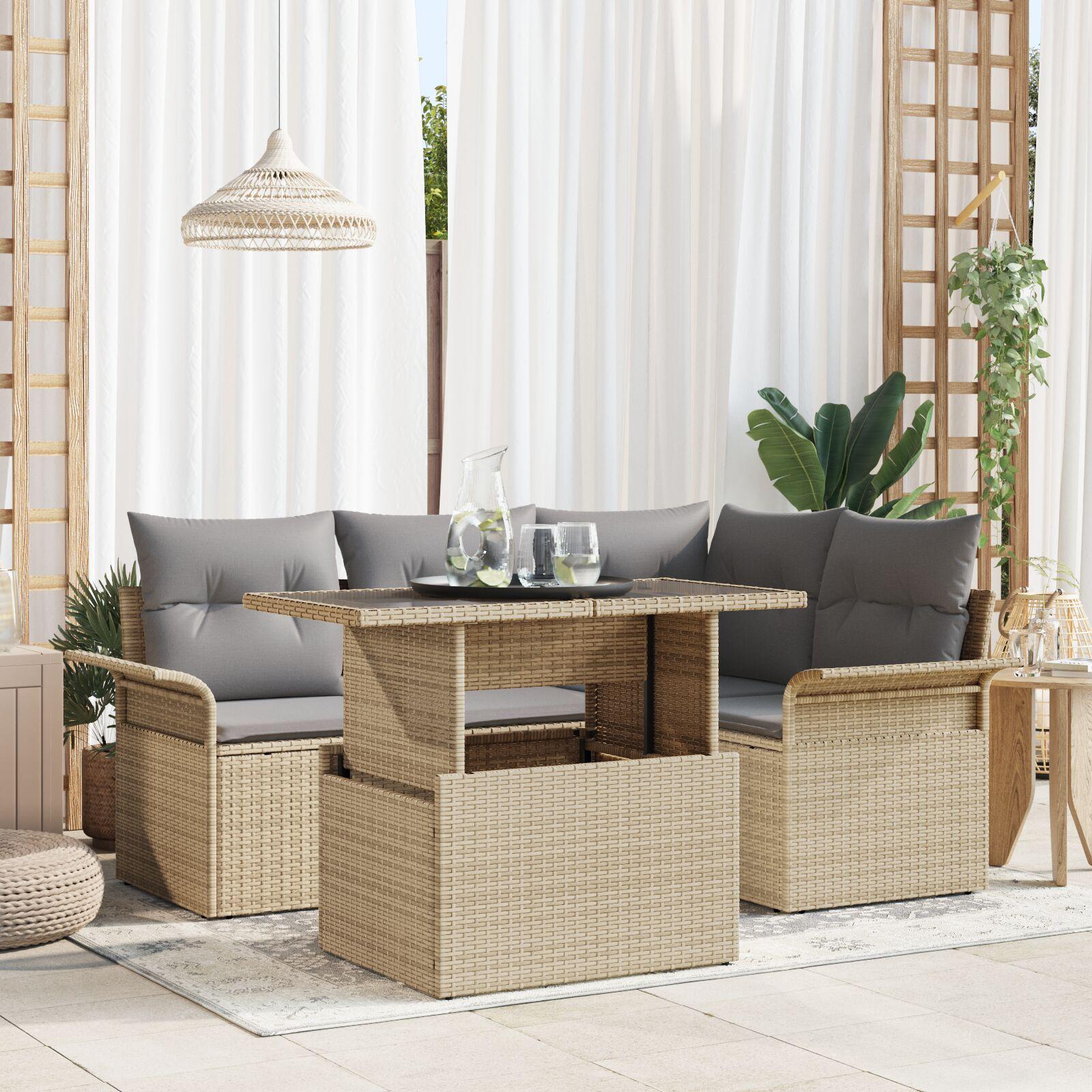 5 Delt Havemøbelsæt med Puder Beige Poly Rattan
