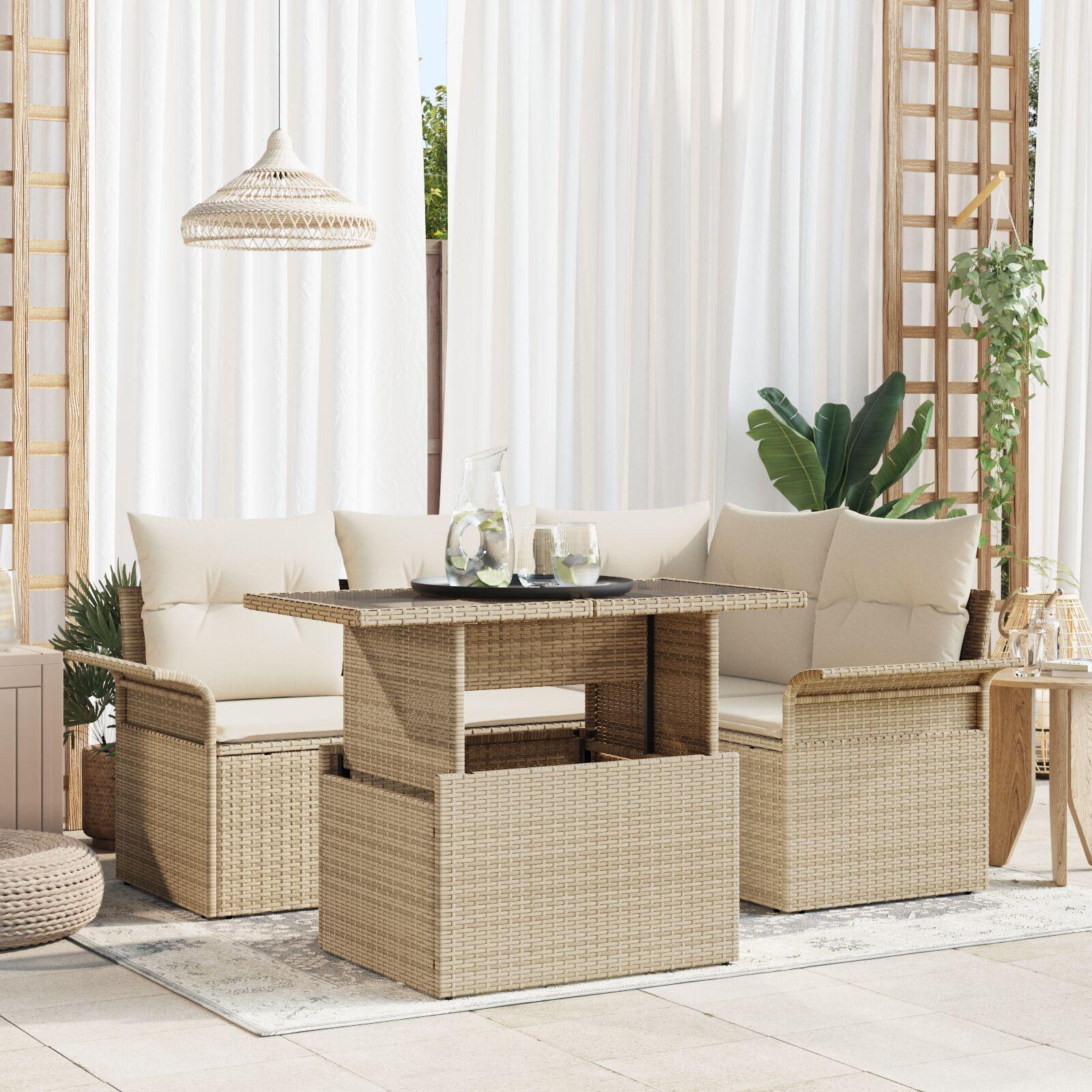 5-delt Have Sofa Sæt med Puder Beige Poly Rattan