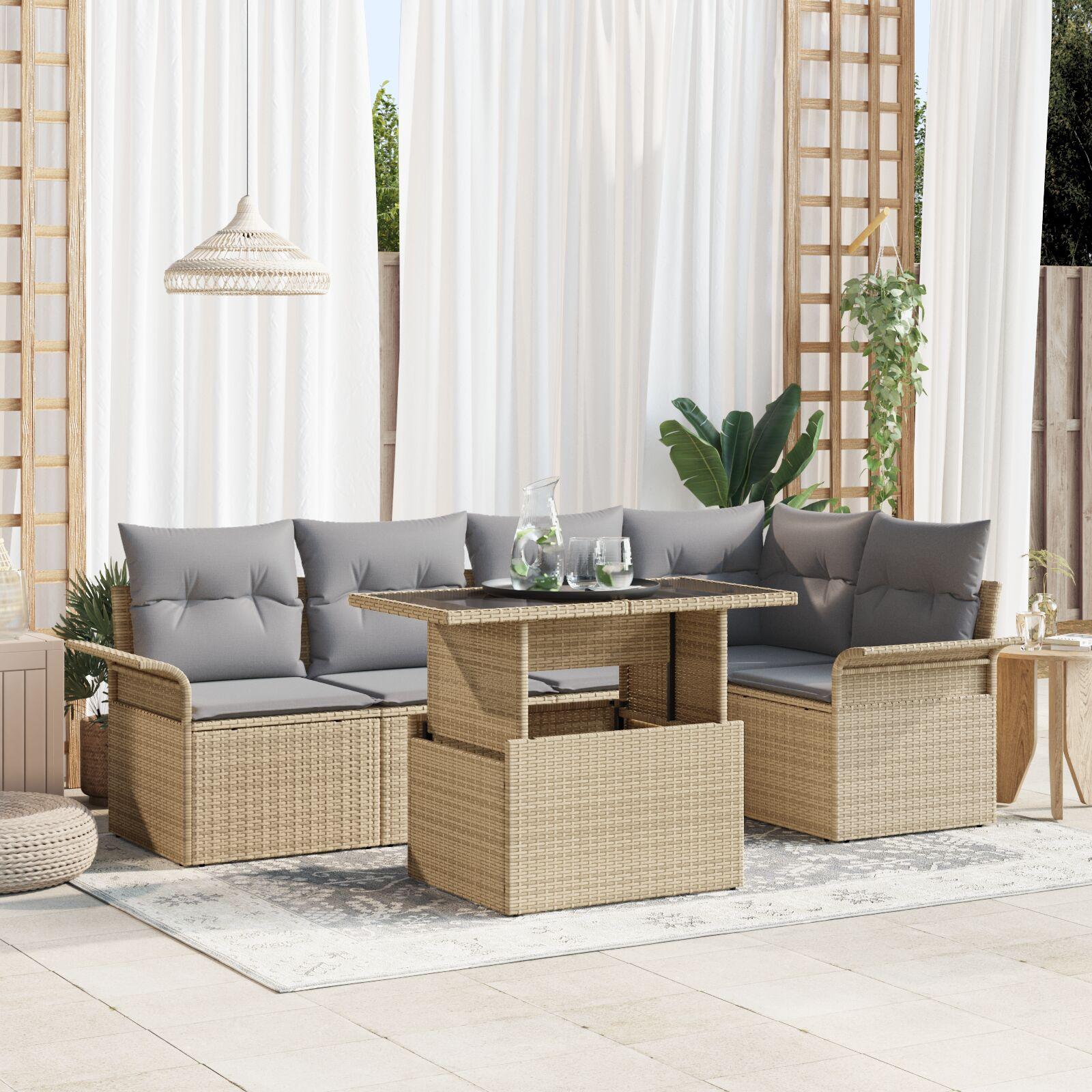6 delt Havemøbel Sæt med Puder Beige Poly Rattan
