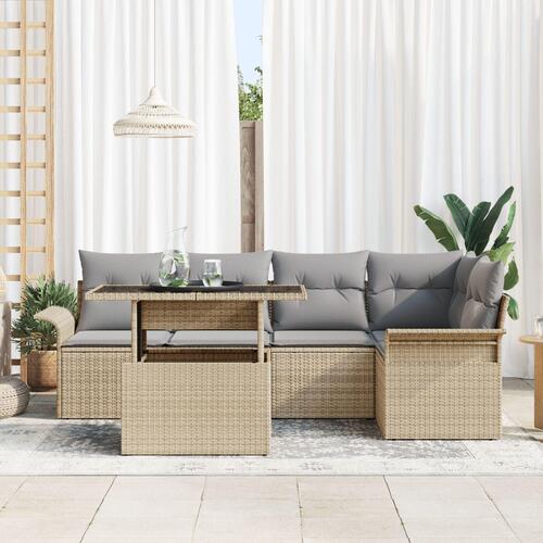 6 delt Havemøbel Sæt med Puder Beige Poly Rattan