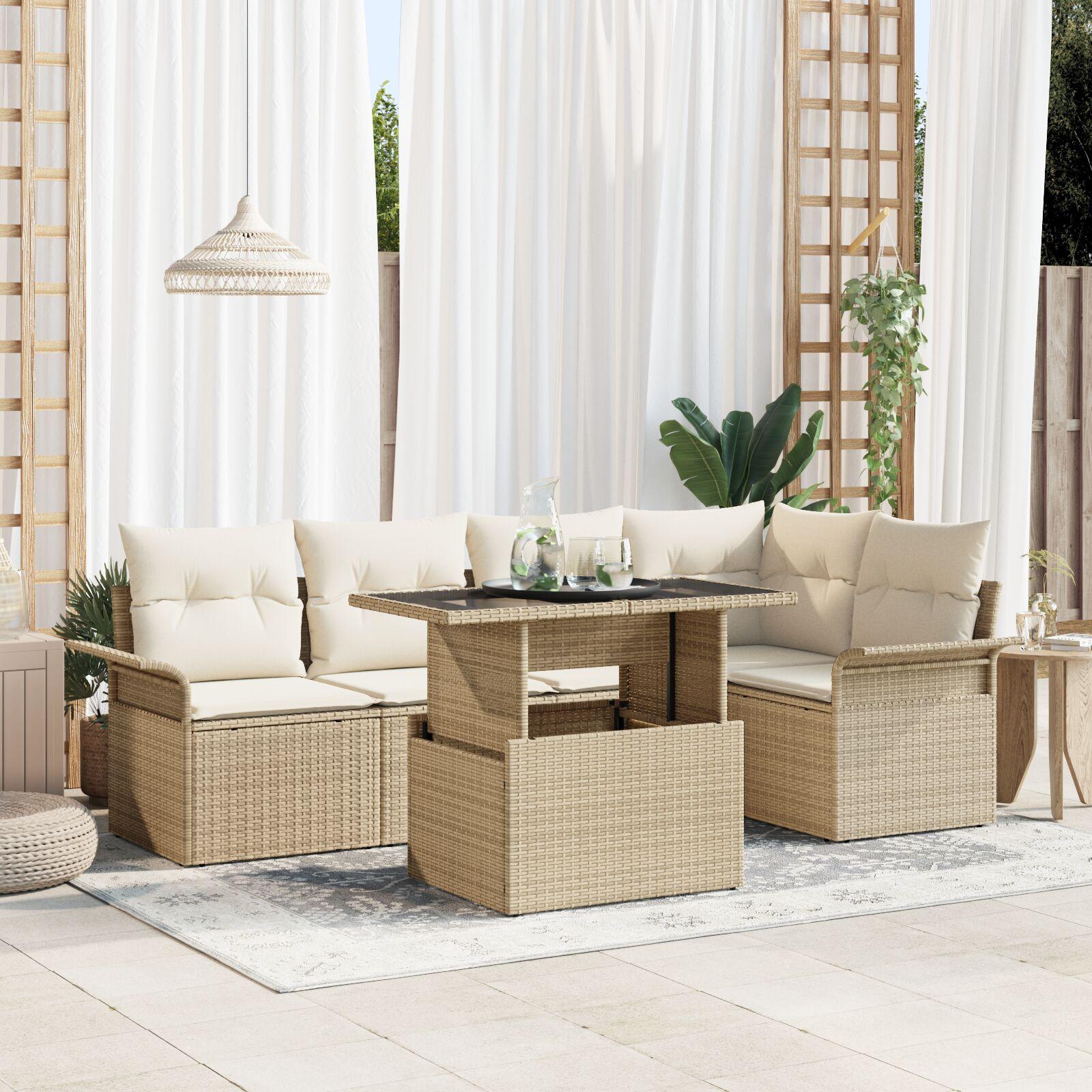 6 Stykke Have Sofa Sæt med Puder Beige Poly Rattan