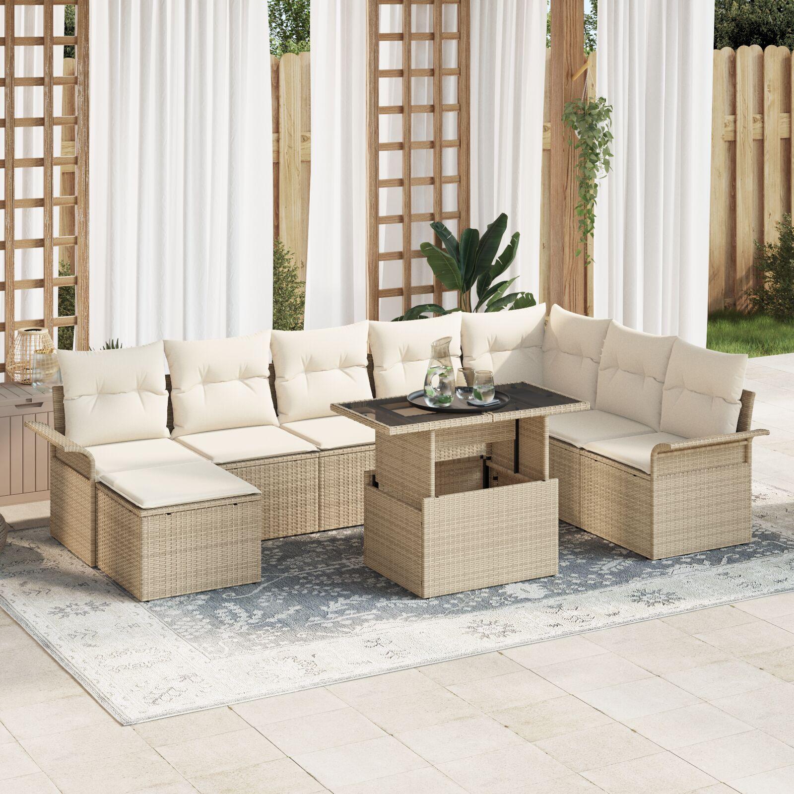 9 Delers Havemøbel sæt med Puder Beige Polyrattan