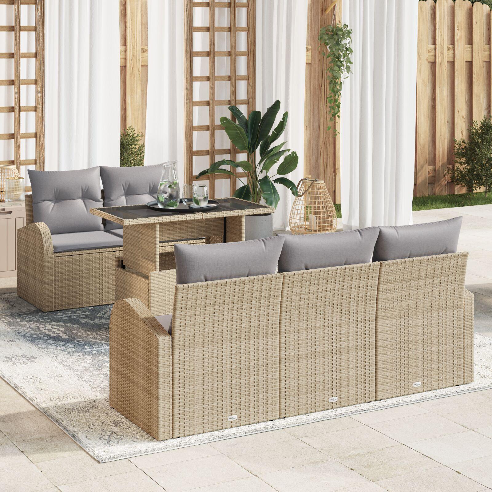 6 Deles Have Sofa Sæt med Puder Beige Poly Rattan