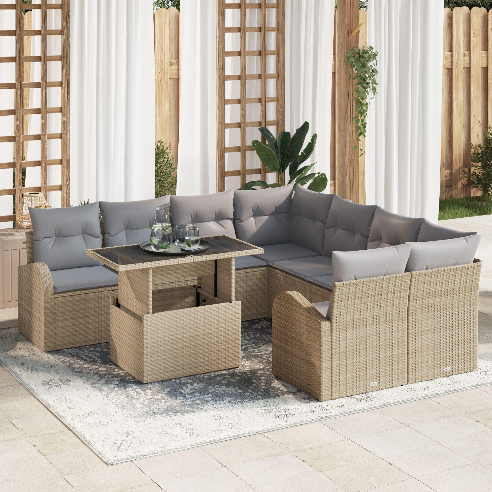 9 Deles Have Sofa Sæt med Puder Beige Poly Rattan