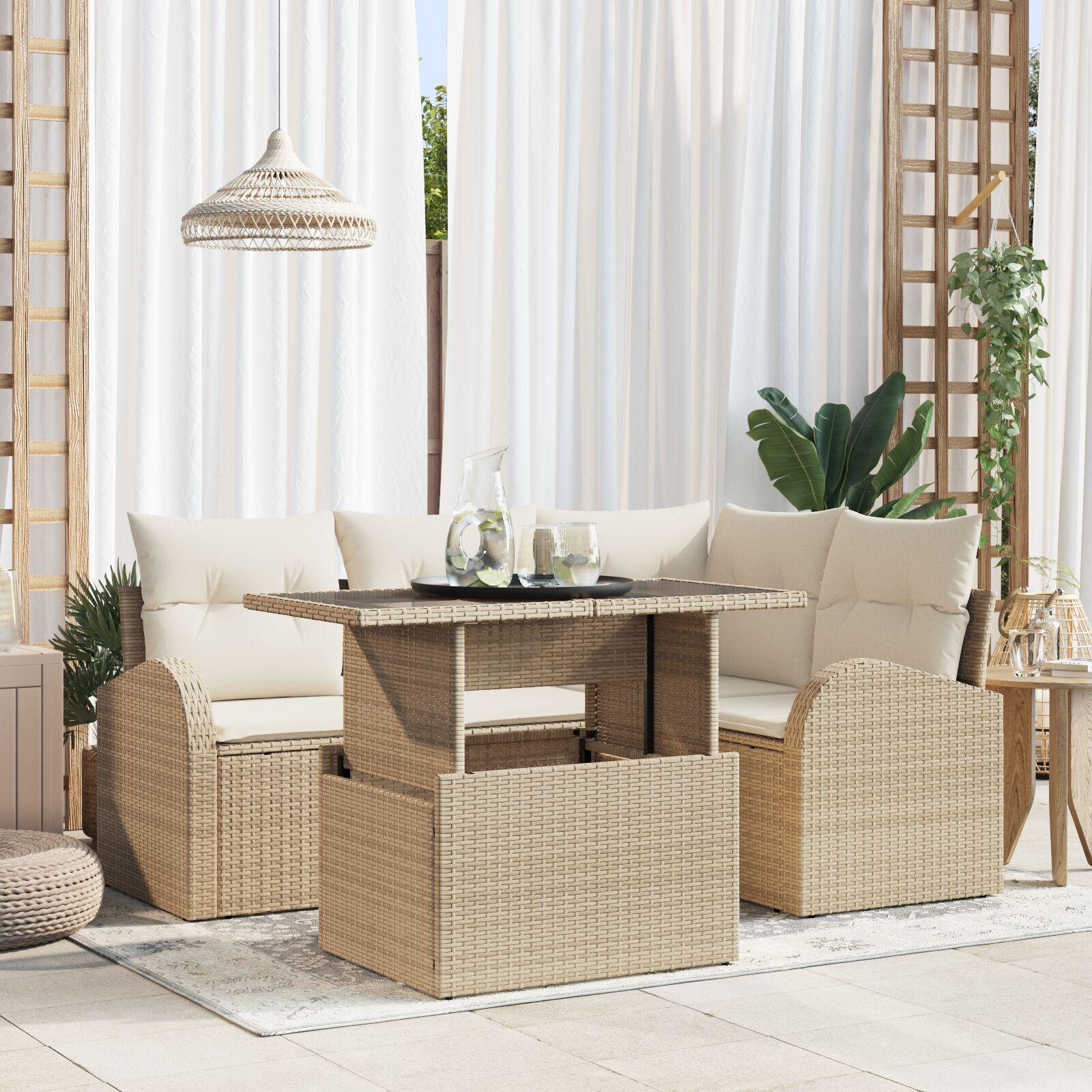 5 Piece Garden Sofa Set with Cushions Beige Poly Rattan