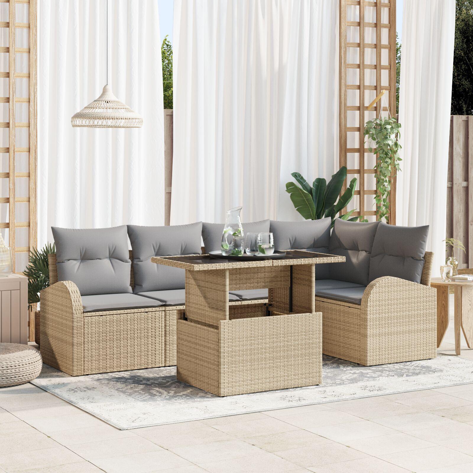 6 Deles Have Sofa Sæt med Puder Beige Poly Rattan
