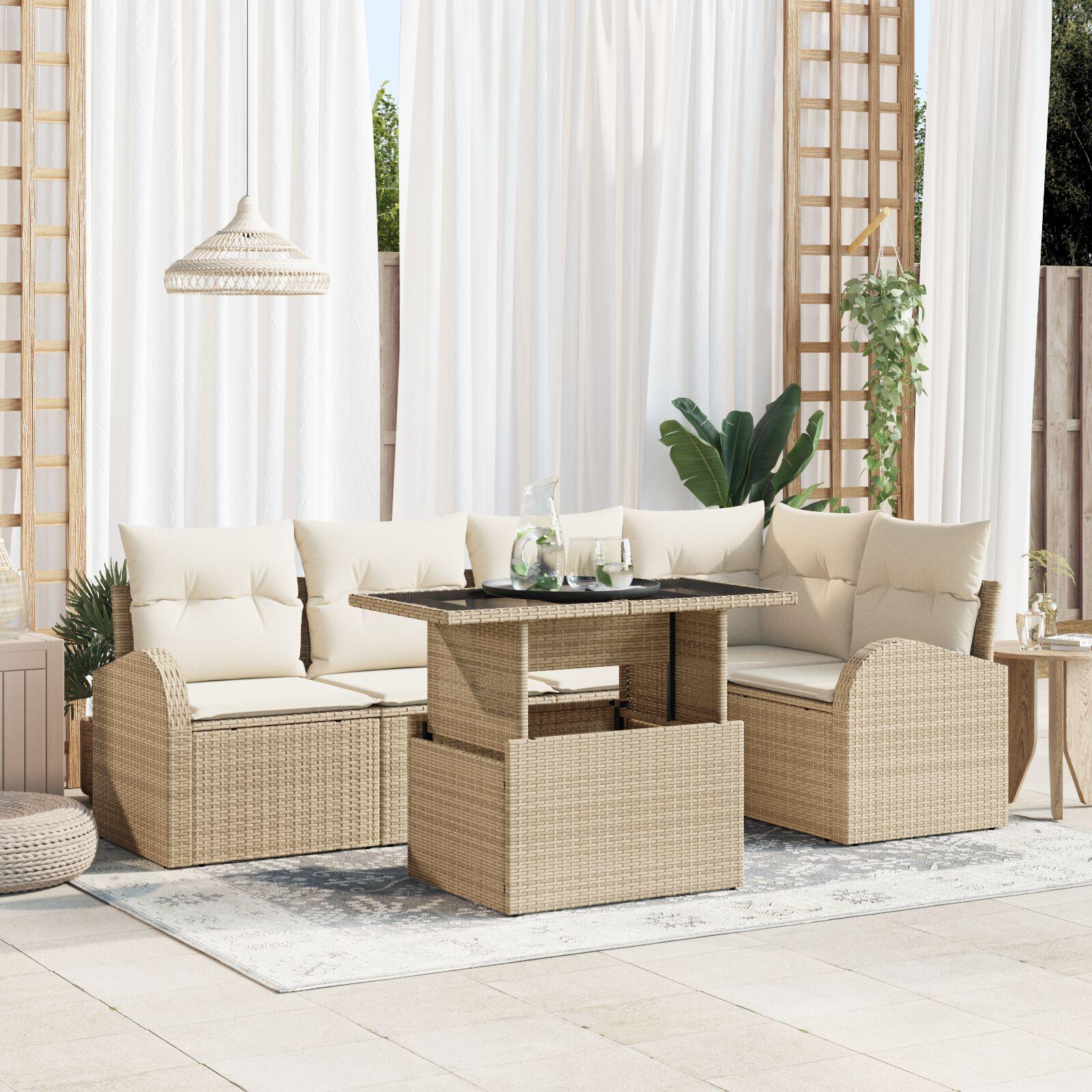6-delt havemøbel sæt med puder Beige Poly Rattan