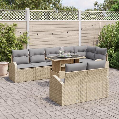 9-delers havesofa sæt med puder i beige poly rattan