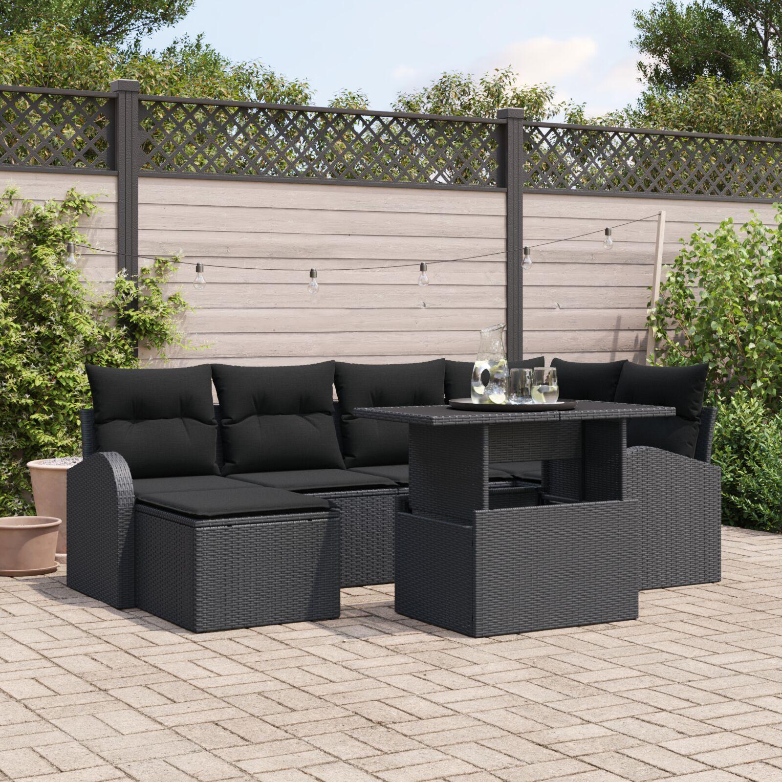 7 Piece Garden Sofa Set med Puder Sort Poly Rattan