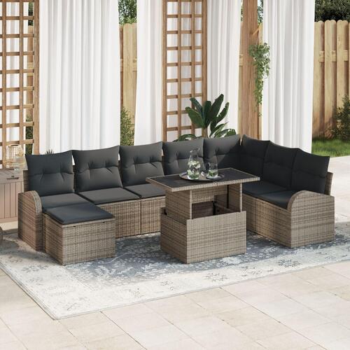 9 Delt Have Sofa Sæt med Puder Grå Poly Rattan