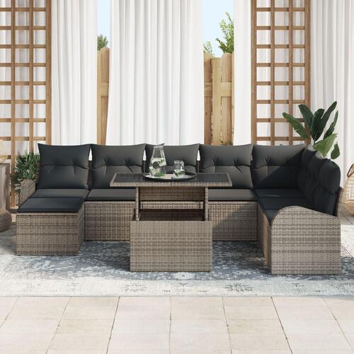9 Delt Have Sofa Sæt med Puder Grå Poly Rattan