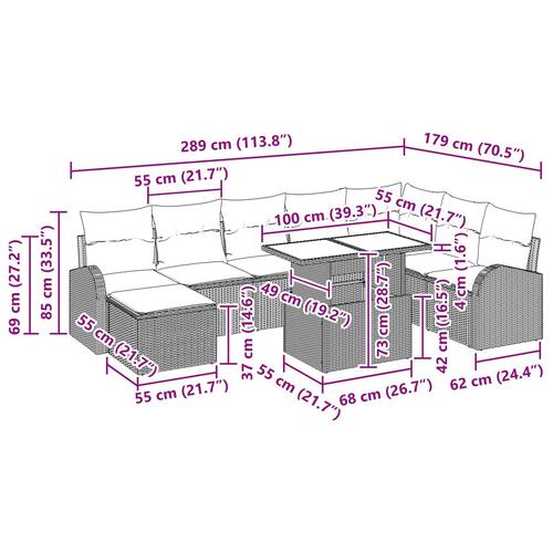9 Delt Have Sofa Sæt med Puder Grå Poly Rattan