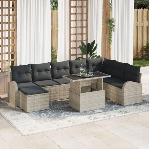 9 Stykke Have Sofa Sæt med Puder Lys Grå Poly Rattan