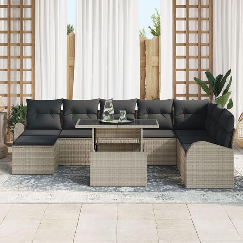 9 Stykke Have Sofa Sæt med Puder Lys Grå Poly Rattan