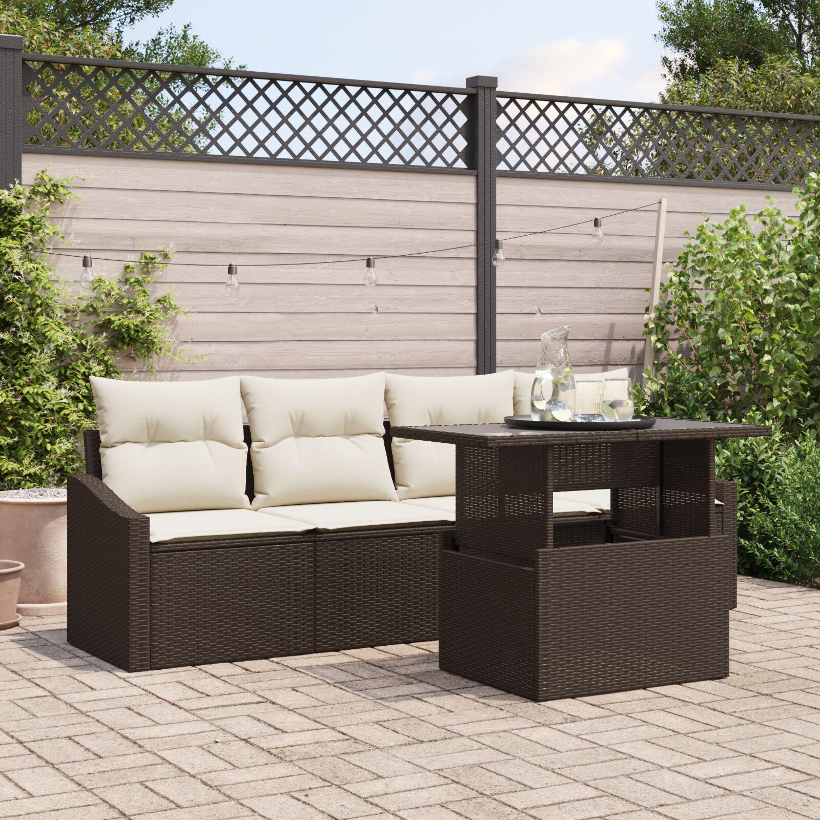 5 Delt Havesofa Sæt med Puder Brun Poly Rattan