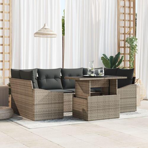 7 Dele Havemøbler Sofa Set med puder Grå Poly Rattan