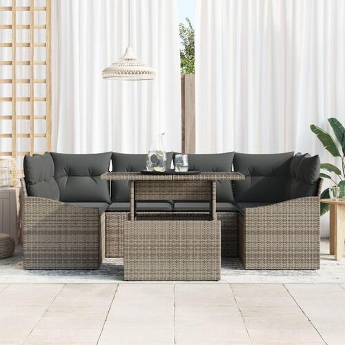 7 Dele Havemøbler Sofa Set med puder Grå Poly Rattan