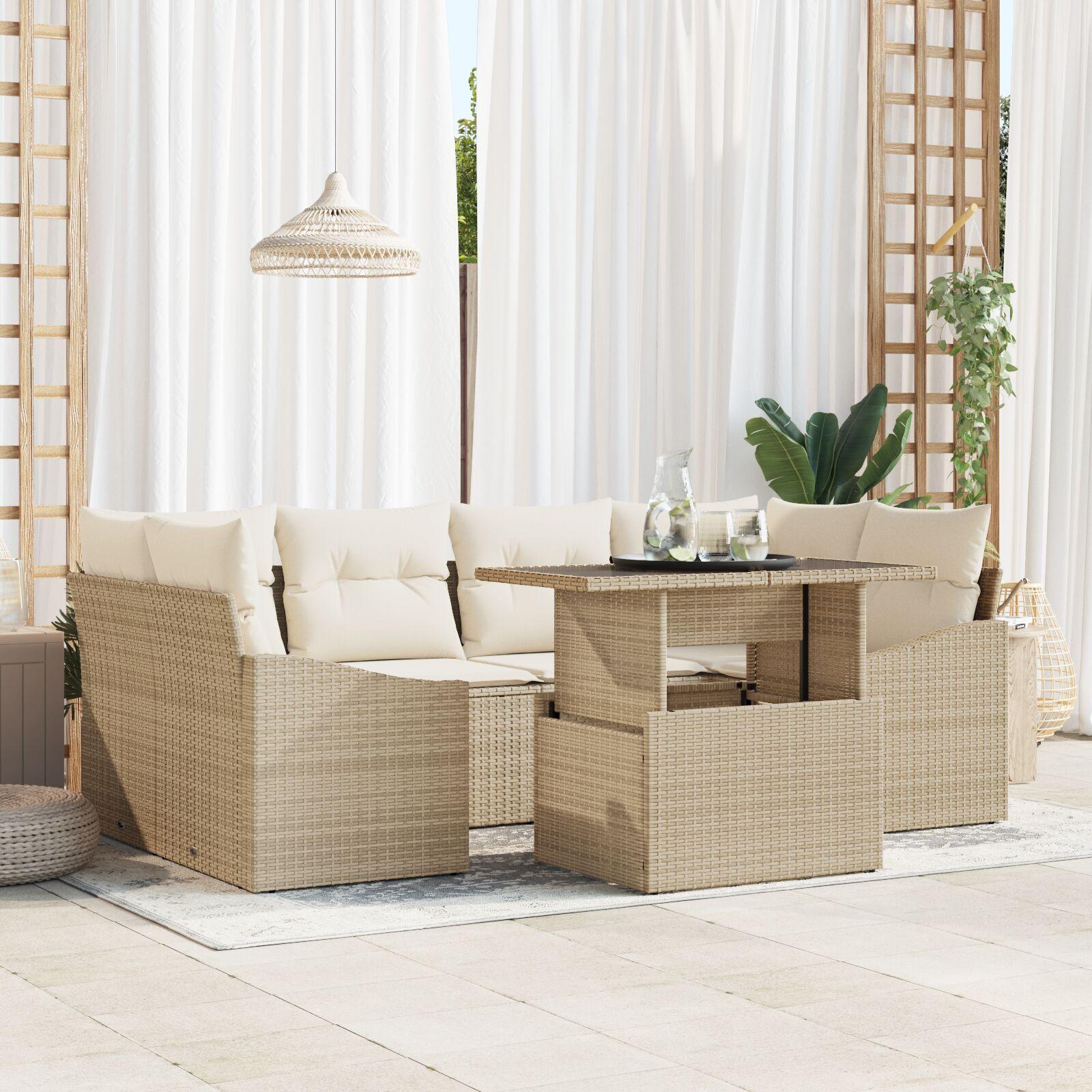 7 Delers Havensofa Sæt med Puder Beige Poly Rattan