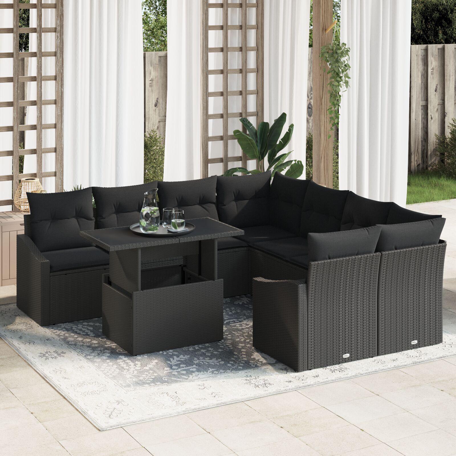 Havesofa Sæt med pude 9 stk Sort 100 x 55 x 73 cm billede
