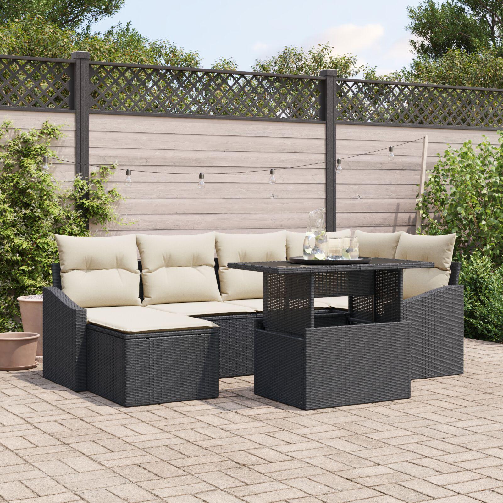 Havesofa sæt 7 stk. i polyrattan med bord - sort og cream