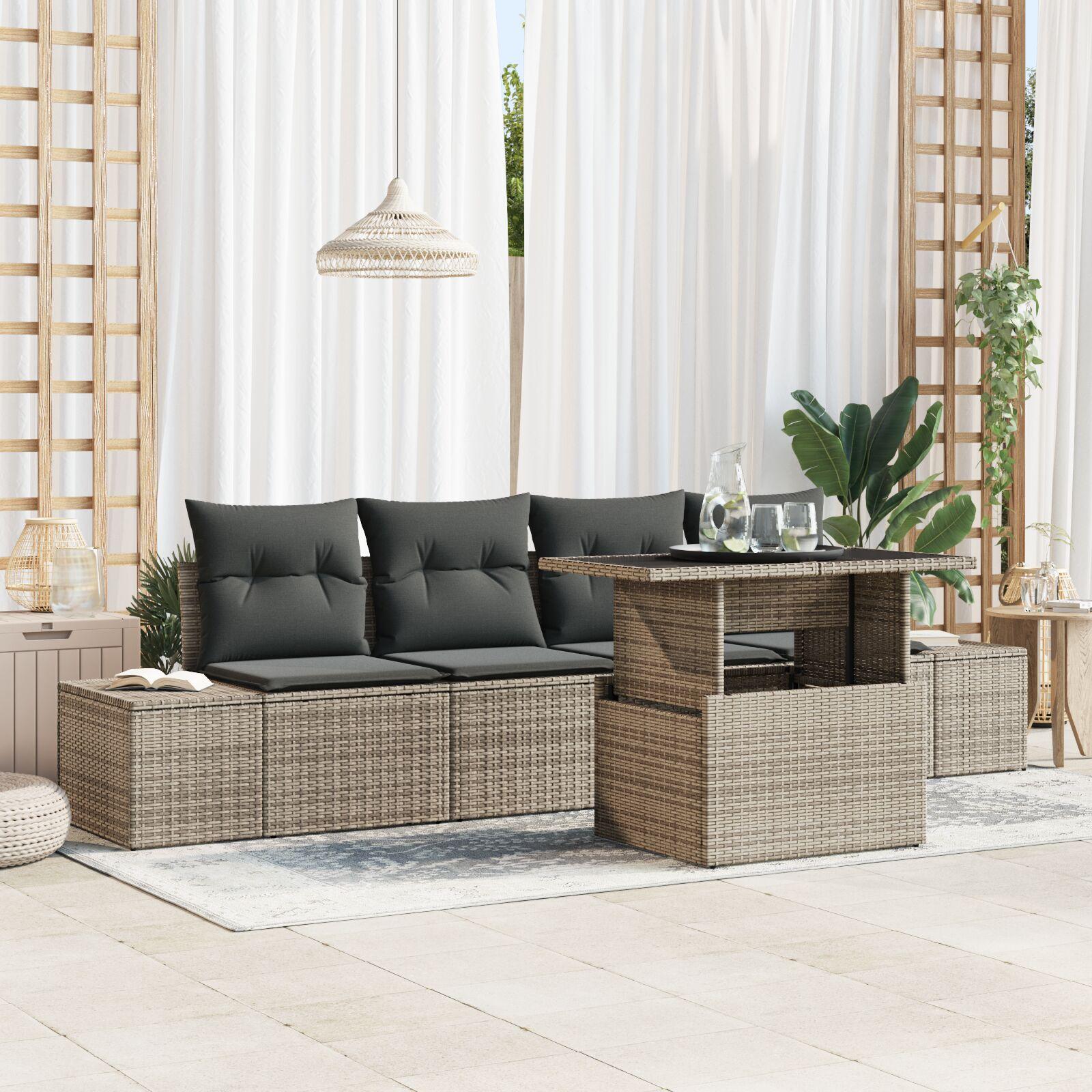 5 Delers Have Sofa Sæt med Puder Grå Poly Rattan