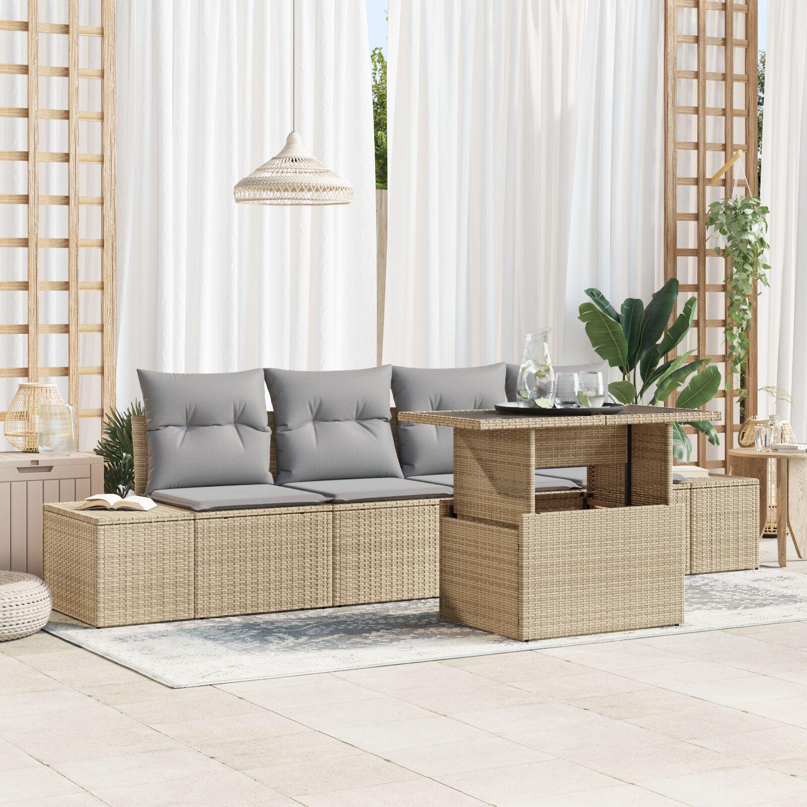 5 Styk Have Sofa Sæt med Puder - Beige Poly Rattan