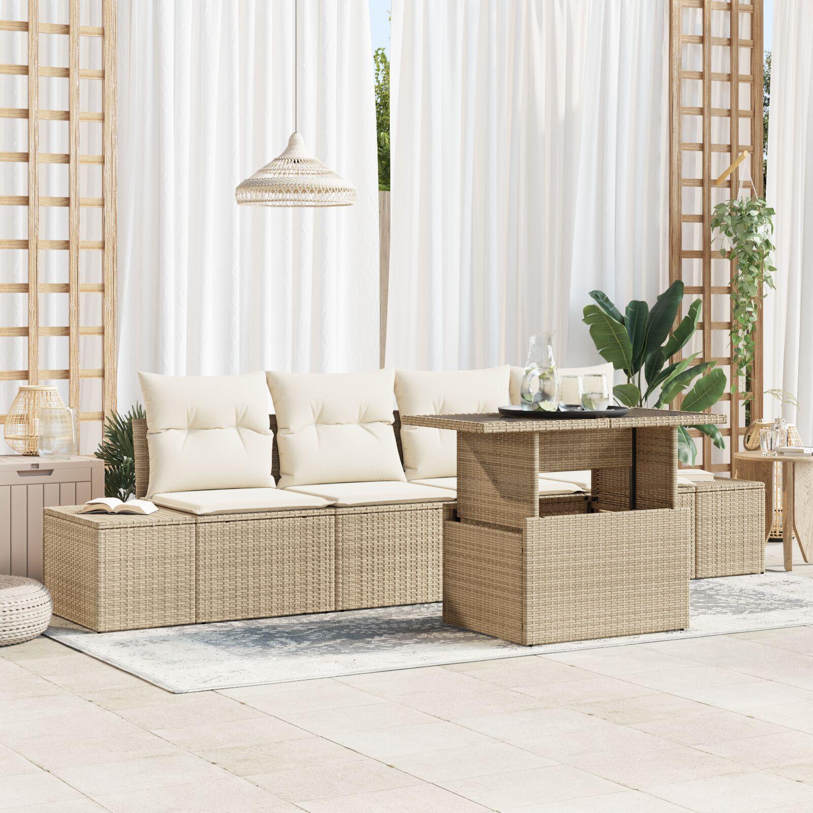 5 Delt Have Sofa Sæt med Puder Beige Poly Rattan