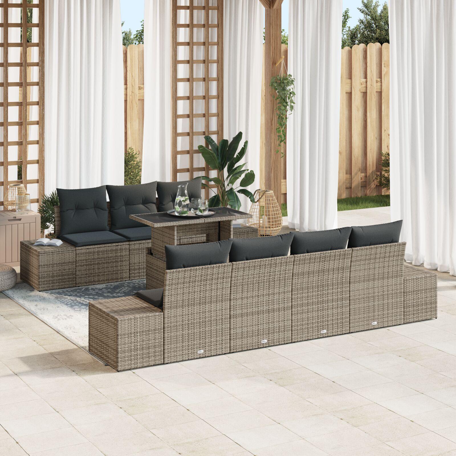 8 Styk Have Sofa Sæt med Puder Grå Poly Rattan