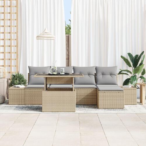 6 Stykke Have Sofa Sæt med Puder Beige Poly Rattan