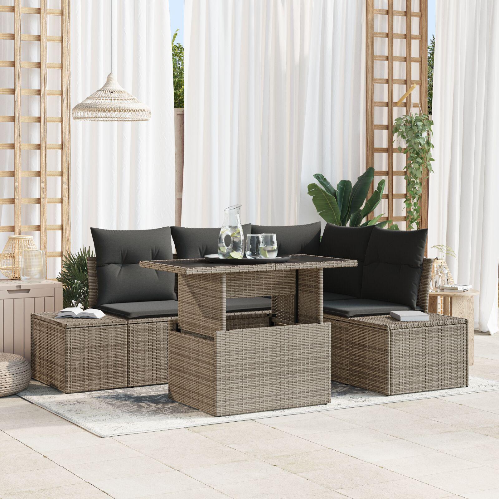 5 Stykker Have Sofa Sæt med Puder Grå Poly Rattan