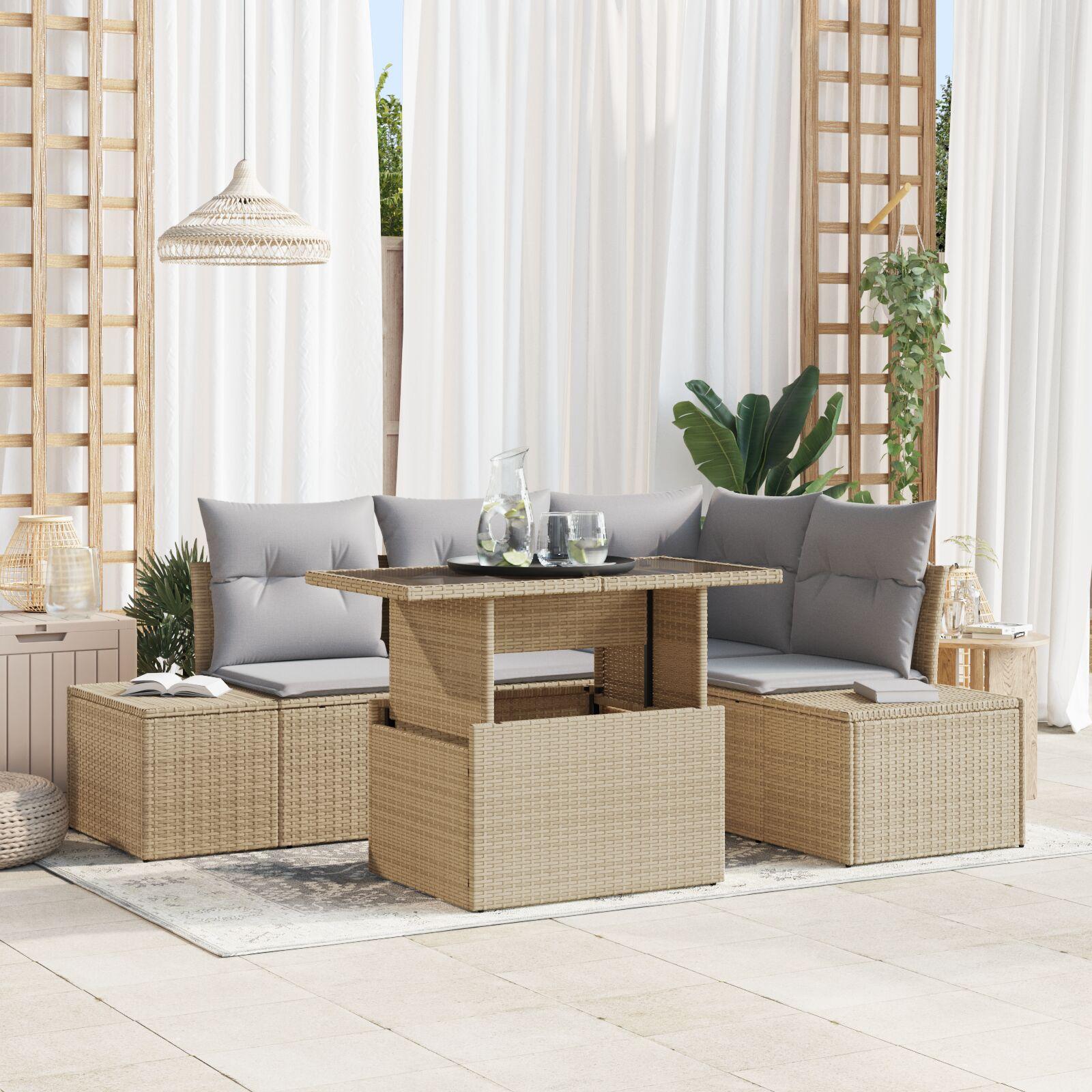 5 Piece Havemøbel Sofa Sæt med Puder Beige Poly Rattan