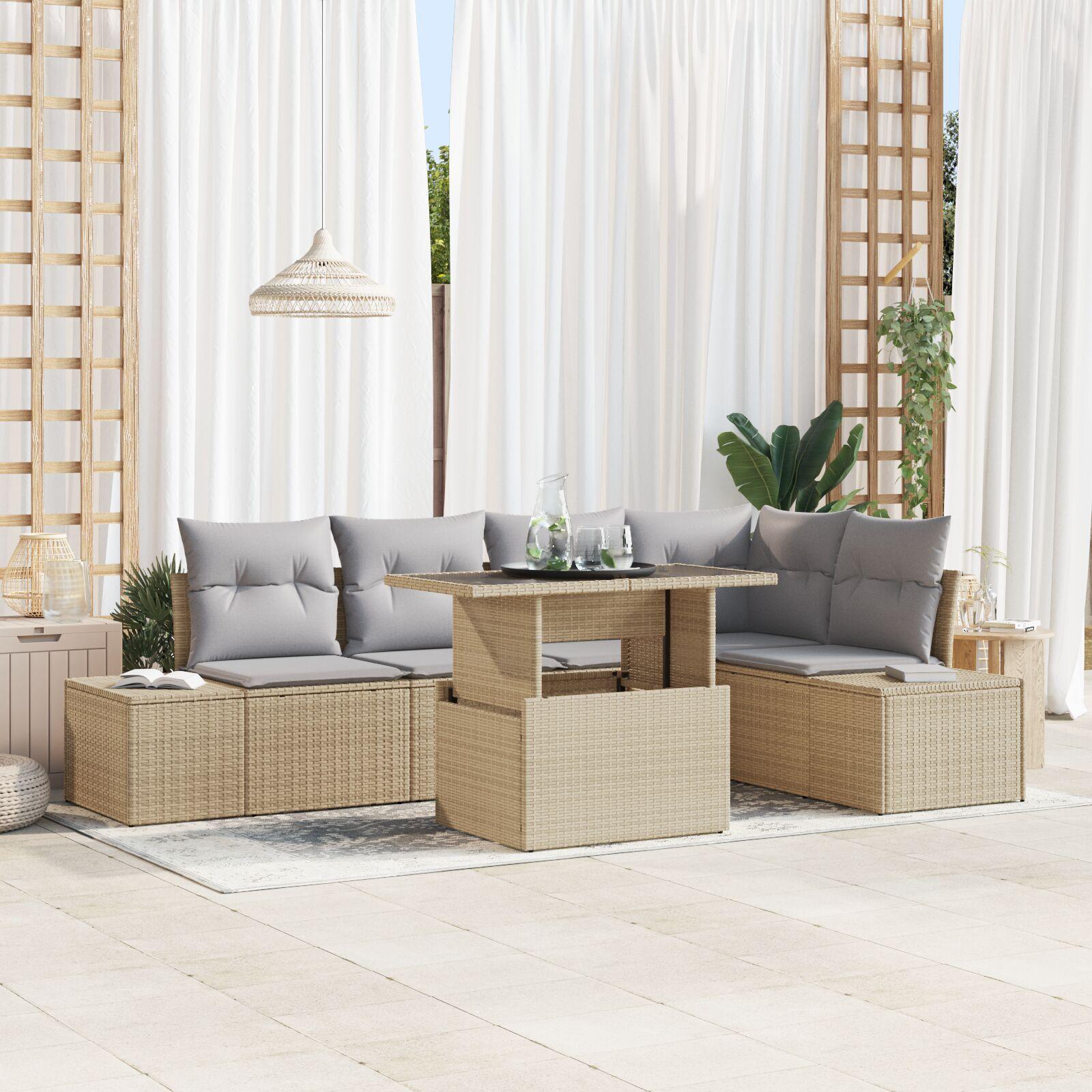 6 Piece Have Sofa Sæt med Puder Beige Poly Rattan