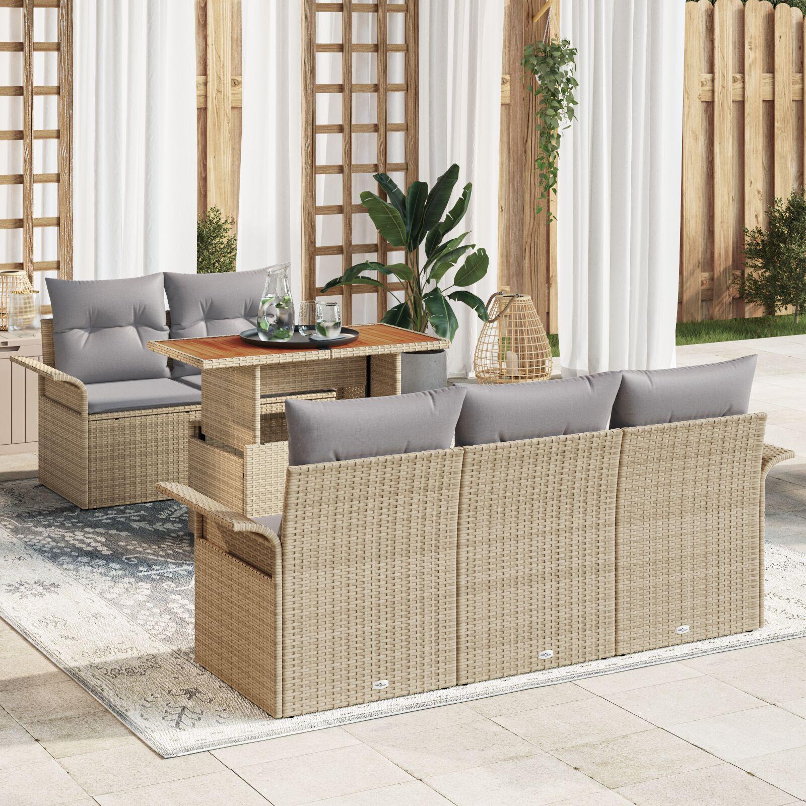 6-personers have sofa sæt med puder beige poly rattan acacia