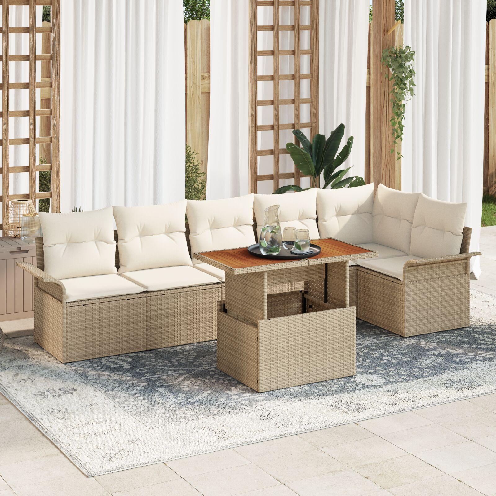 7 Delers Have Spisestel Med Puder Beige Poly Rattan Akacie