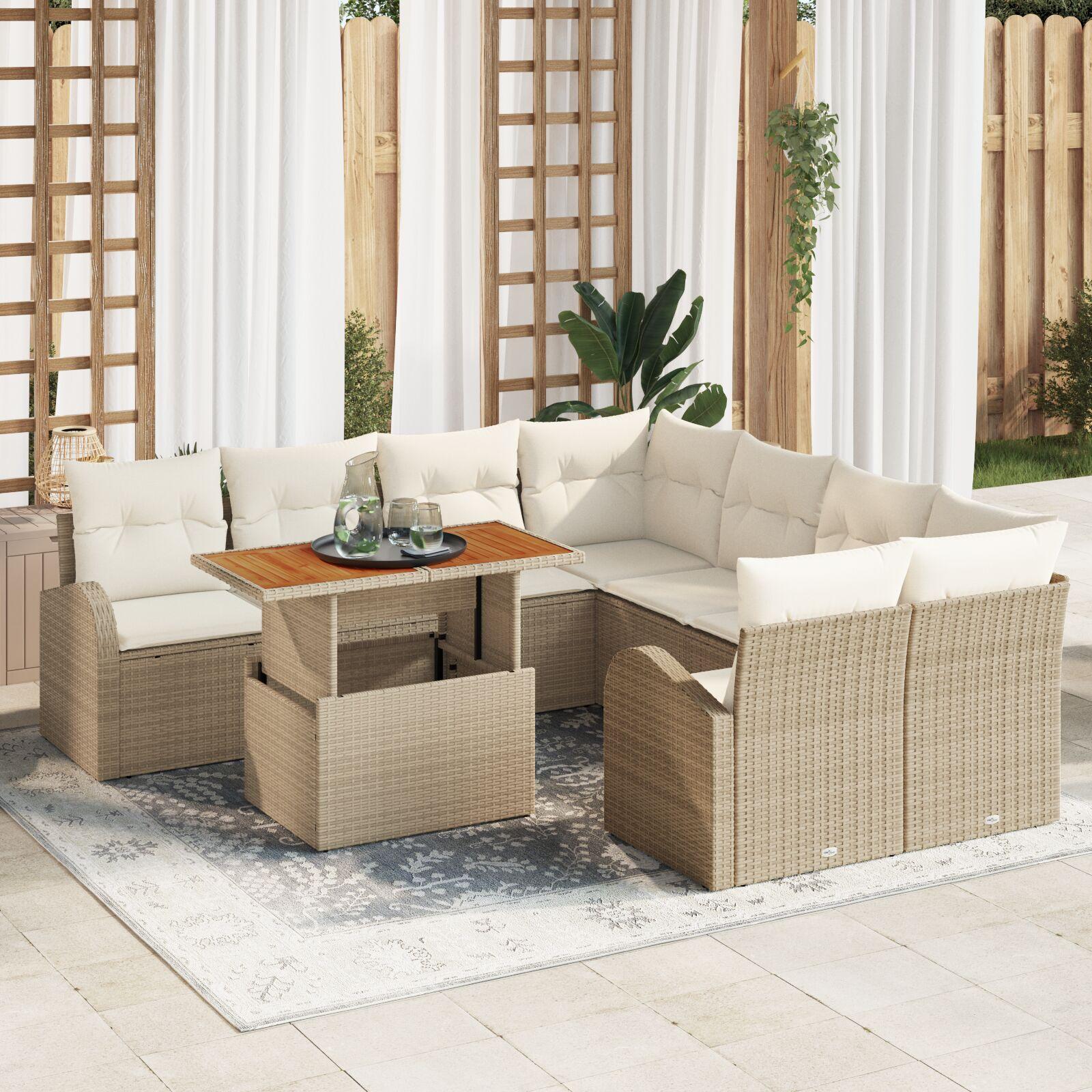 9 Piece Garden Dining Set med puder Beige Poly Rattan Akacia