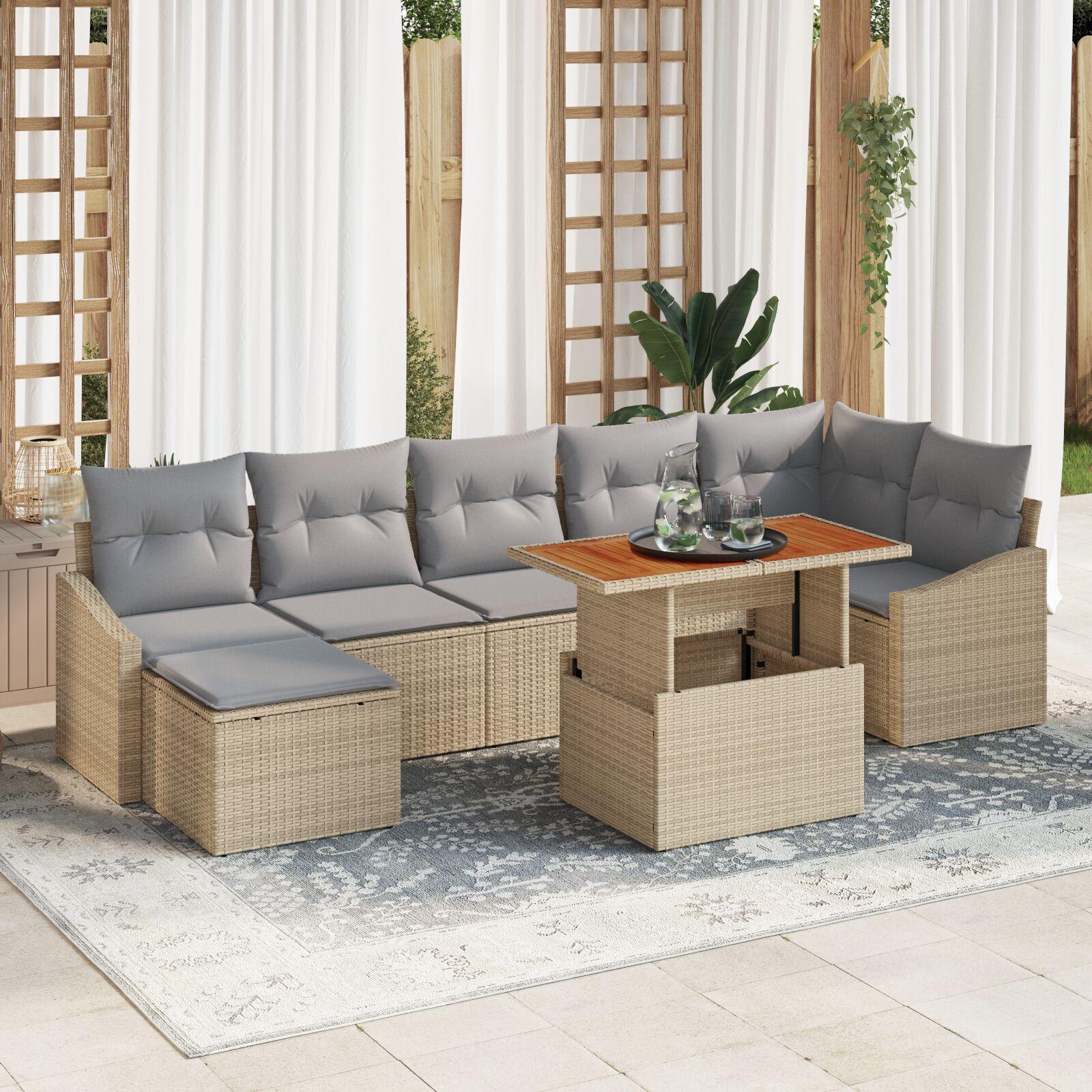 8-delt have spisebordssæt med hynder beige poly rattan acacia