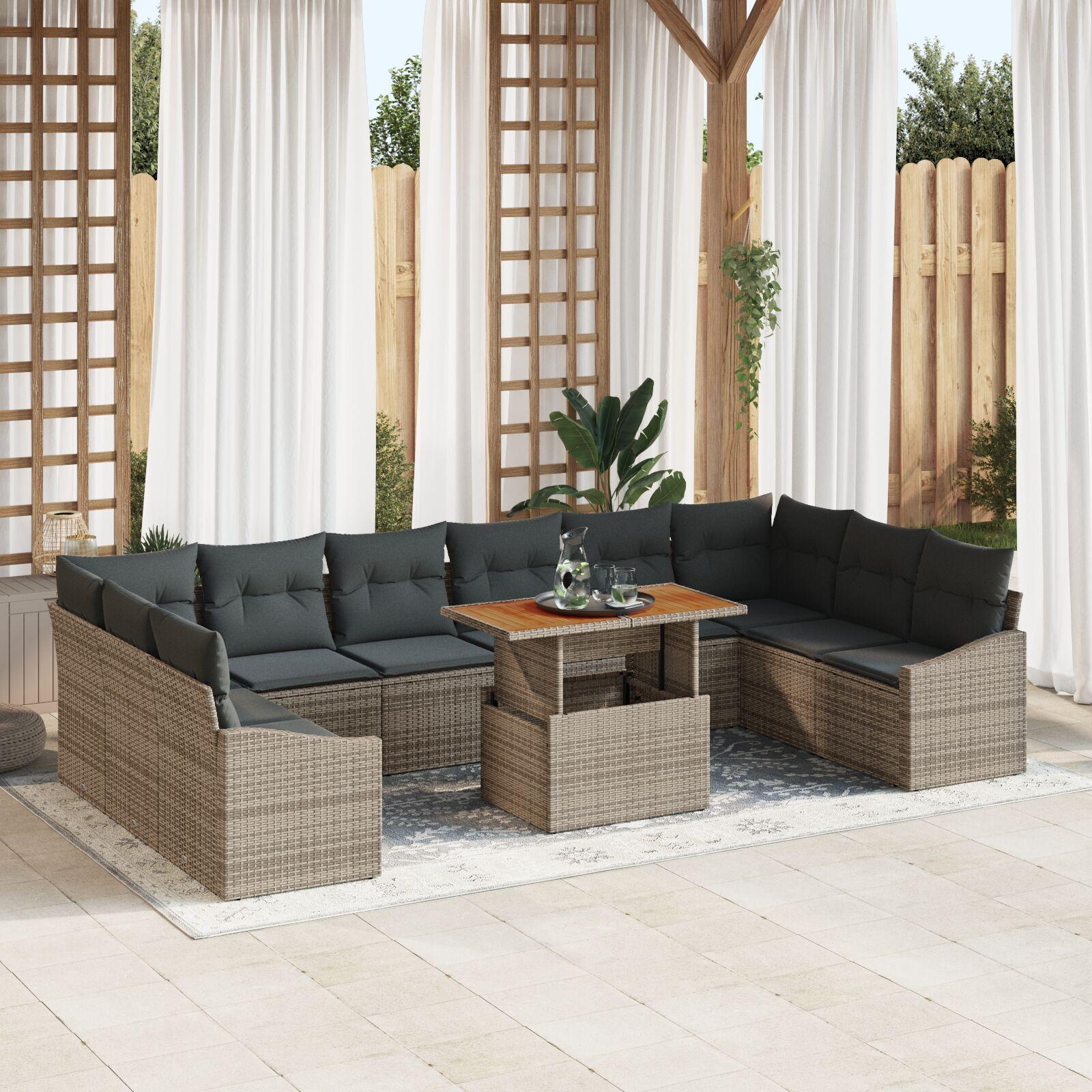 11 Piece Garden Dining Set with Cushions Grey Poly Rattan Acacia