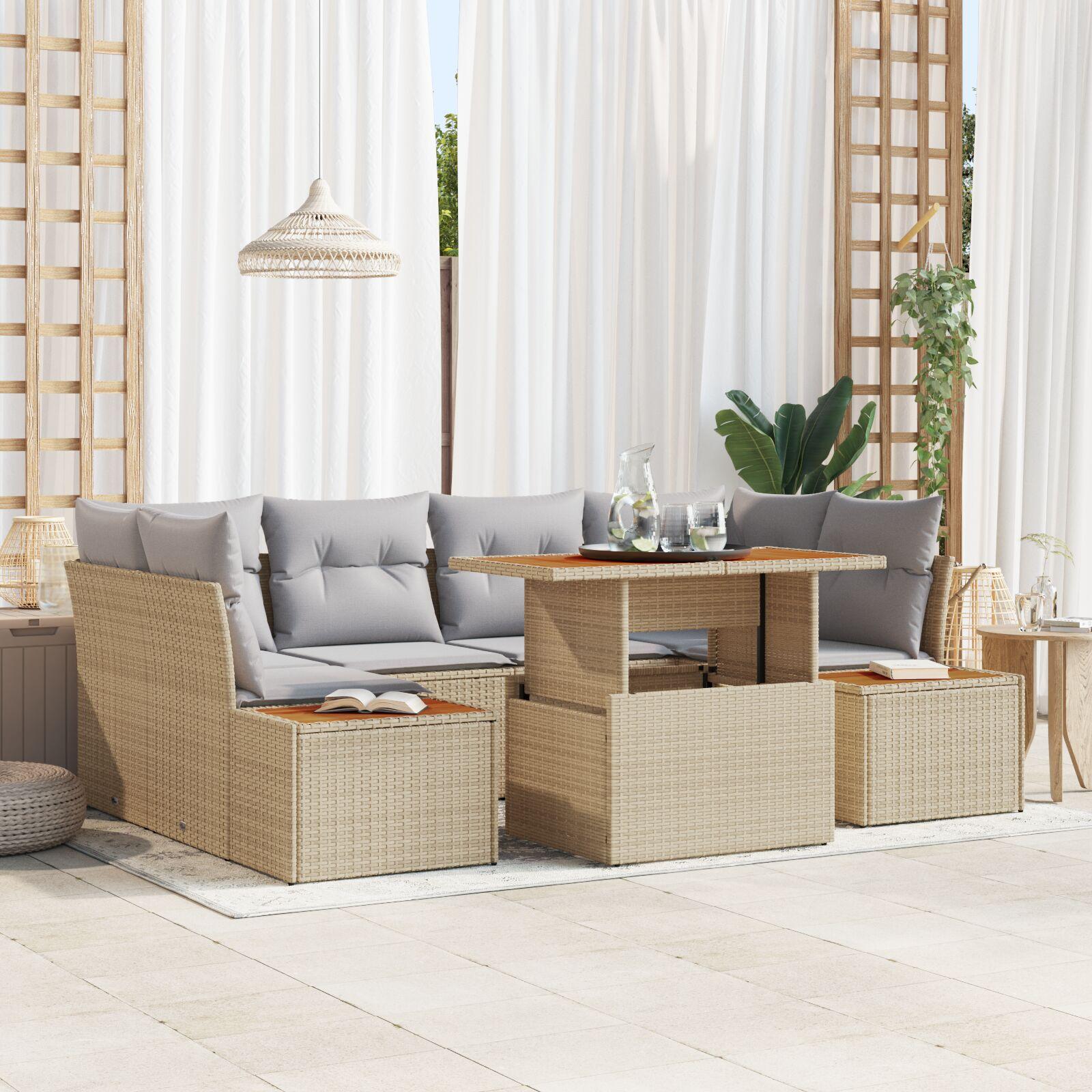 7-delt havespisesæt med puder Beige Poly Rattan Akacia