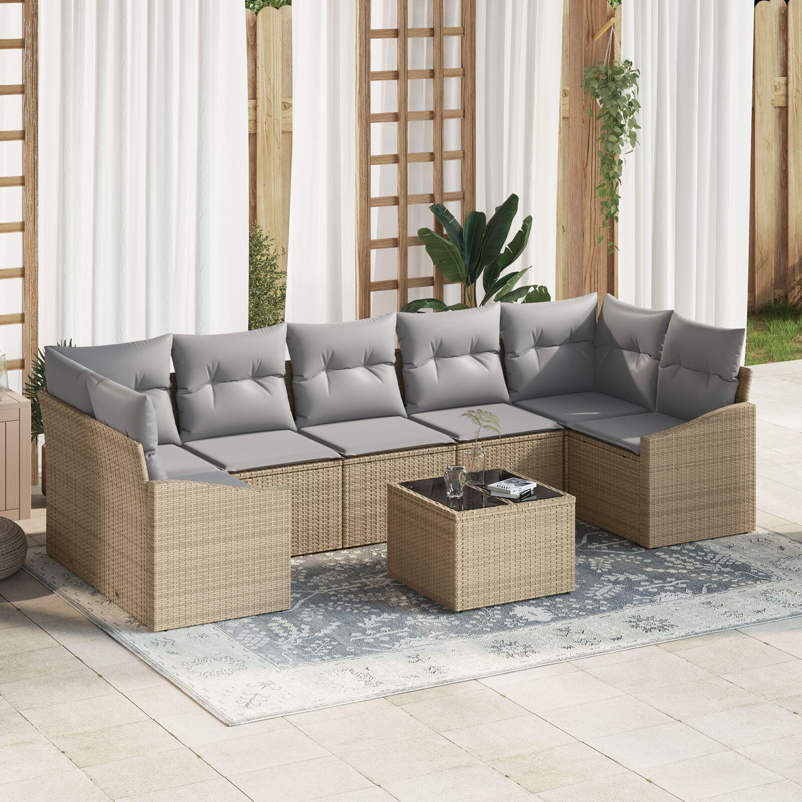 8 Delers Have Sofa Sæt med Hynder Beige Poly Rattan