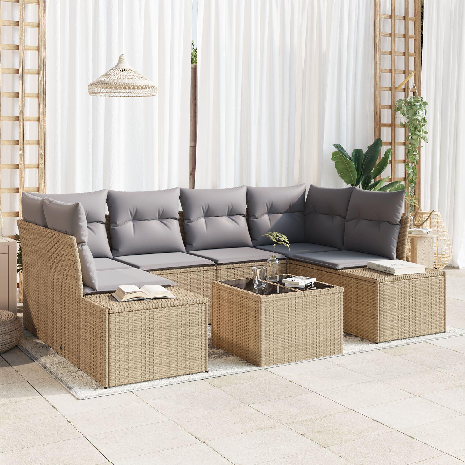 7 Stykker Havesofa Sæt med Hynder Beige Poly Rattan