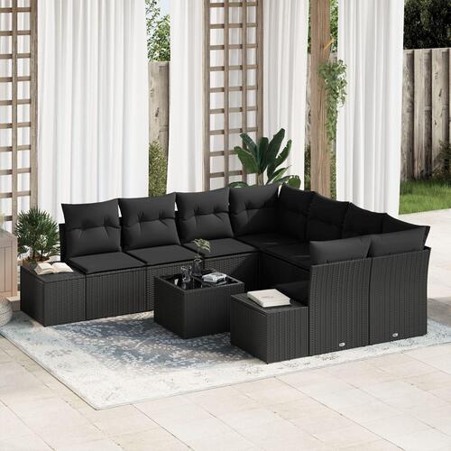 9 Delt Have Sofa Sæt med Puder Sort Polyrattan