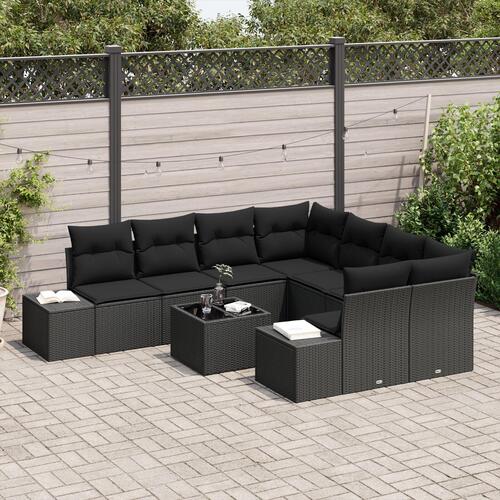9 Delt Have Sofa Sæt med Puder Sort Polyrattan