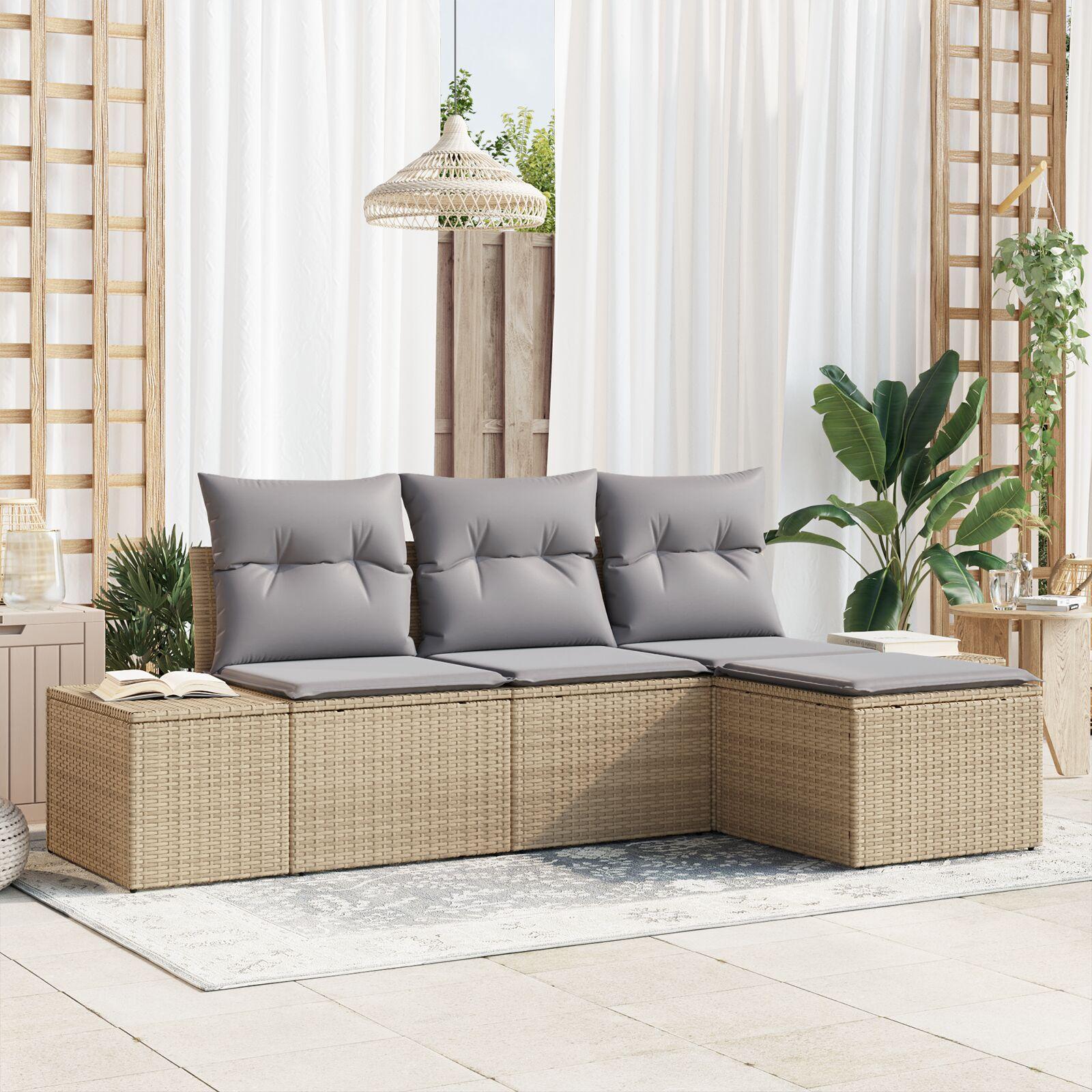 4 Stykke Have Sofa Sæt med Puder Beige Poly Rattan
