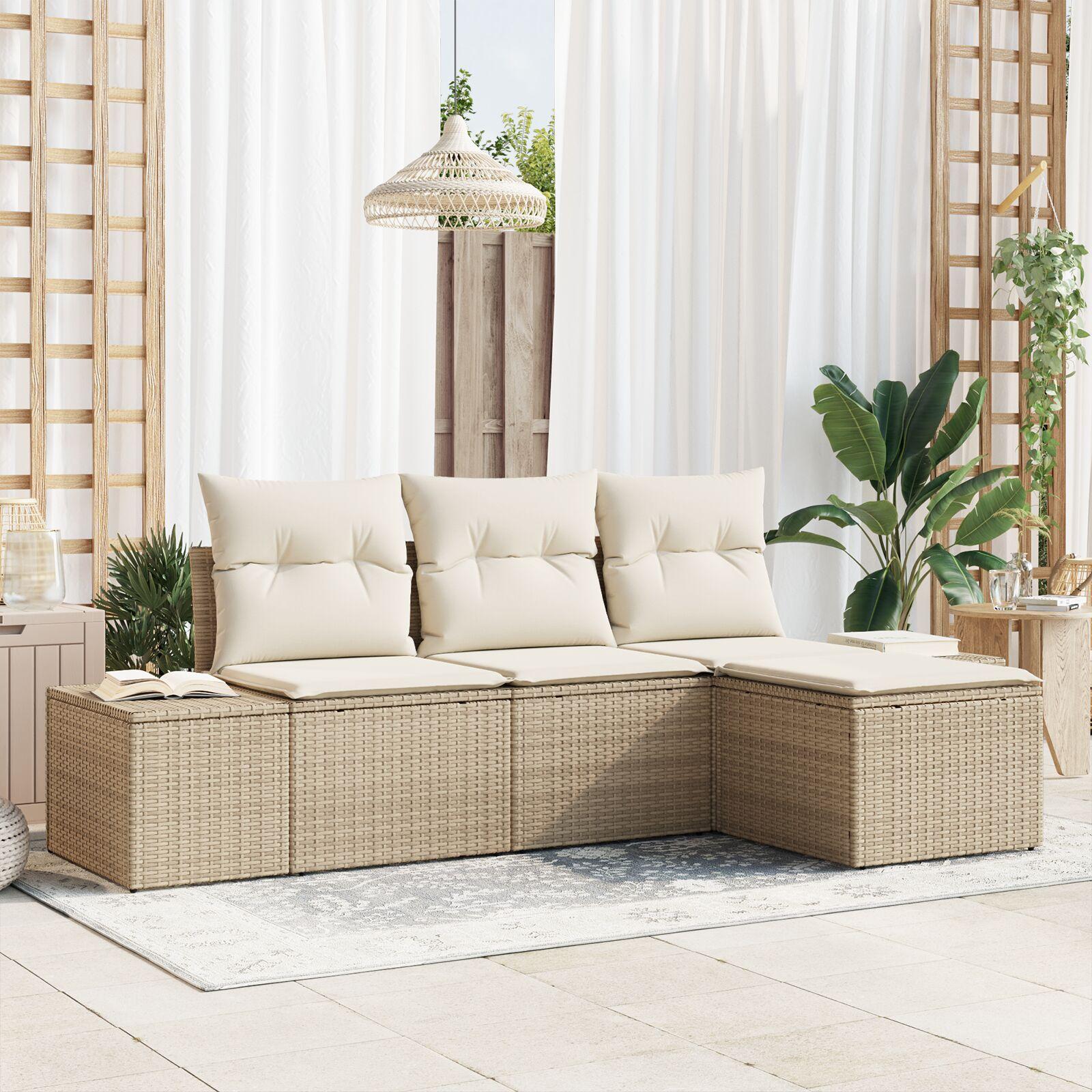 4 Dels Havesofa Set med Hynder Beige Poly Rattan