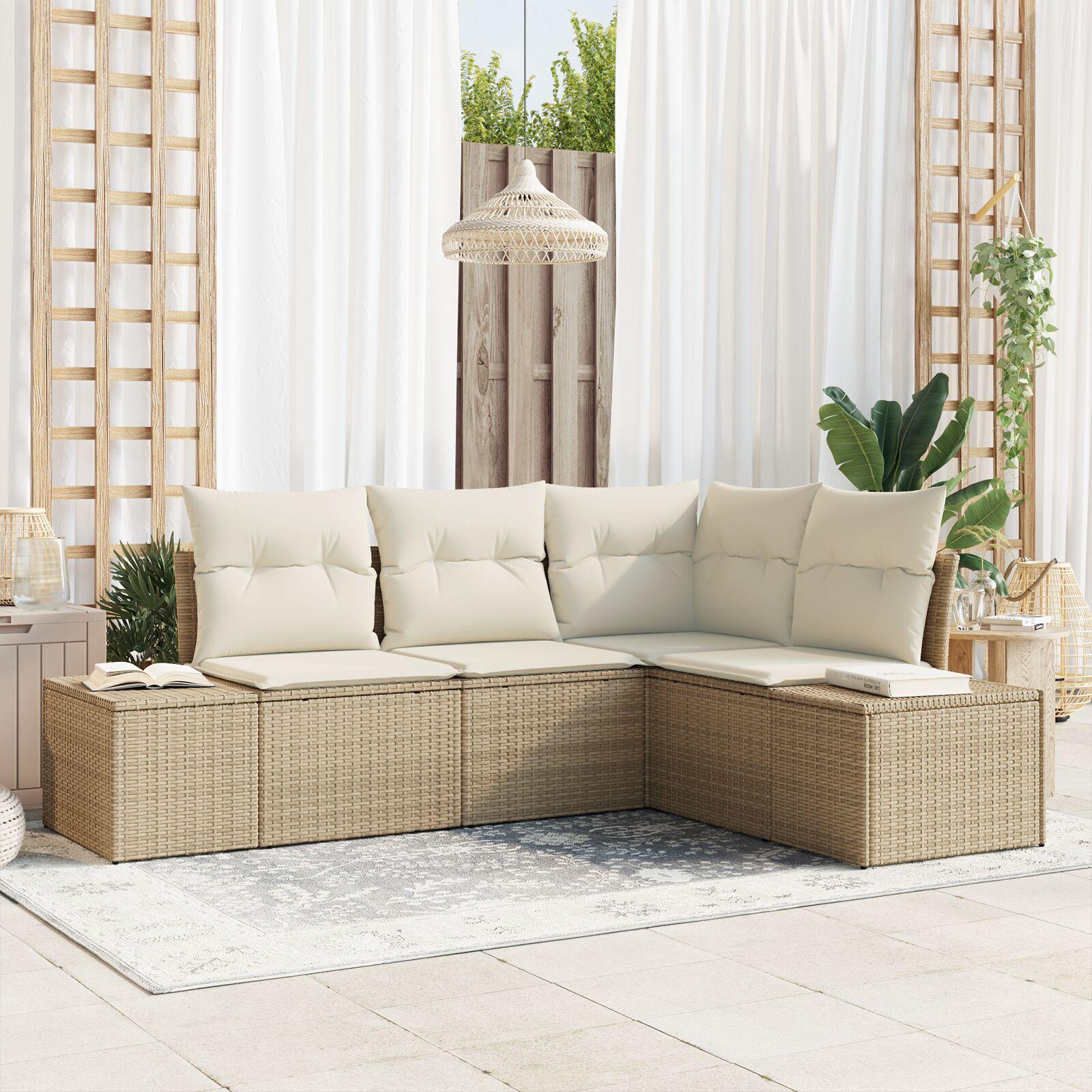 4 Stk Have Sofa Sæt med Puder Beige Poly Rattan
