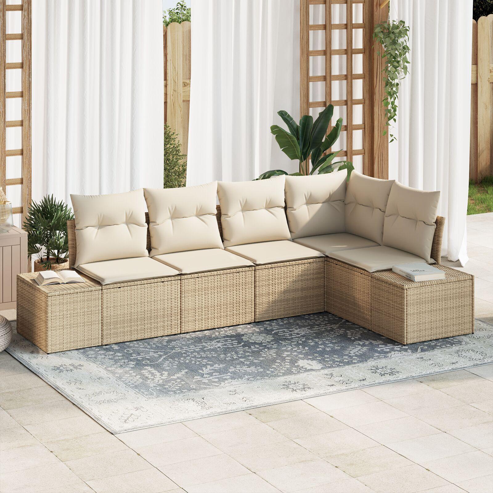 5 Delt Have Sofa Sæt med Puder Beige Poly Rattan