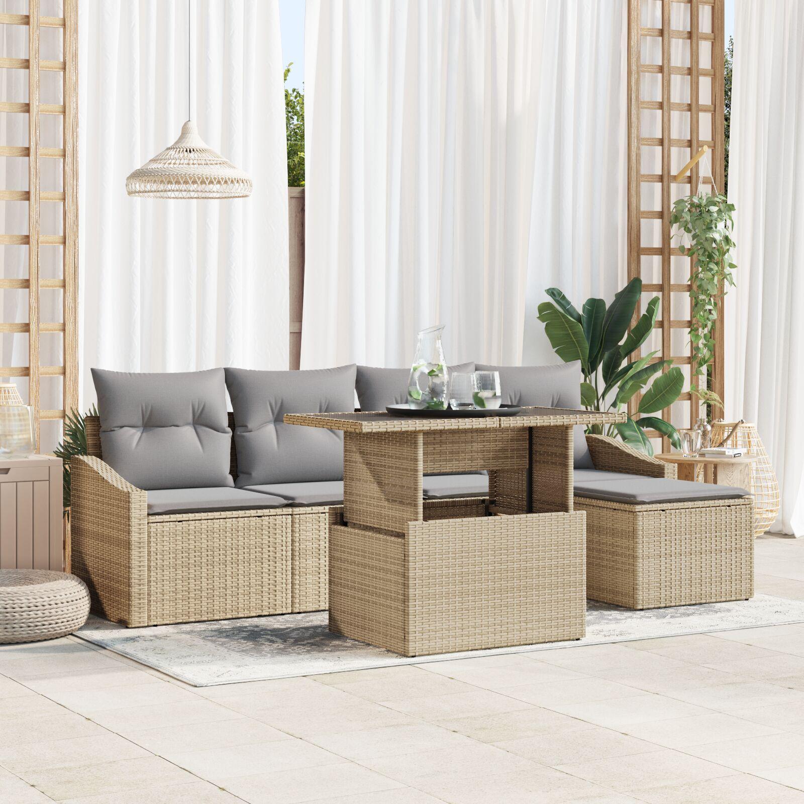 6 Delt Have Sofa Sæt med Puder Beige Poly Rattan