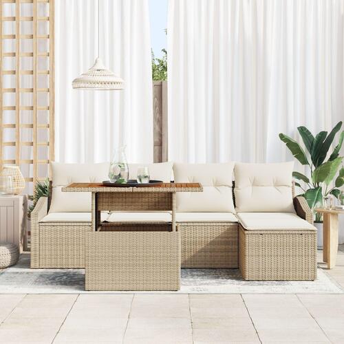 6 Delers Havesofasæt med Puder Beige Poly Rattan