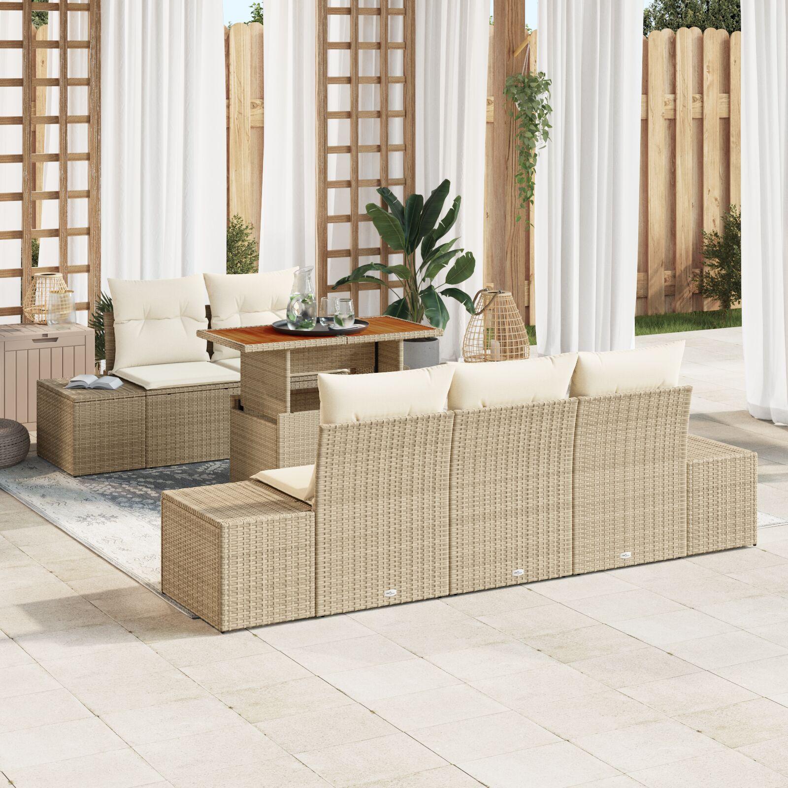 6 Deles Have Sofa Sæt med Puder Beige Poly Rattan