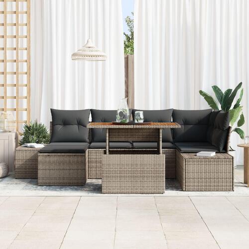 7 Stykke Havesofa Sæt med Puder Grå Poly Rattan